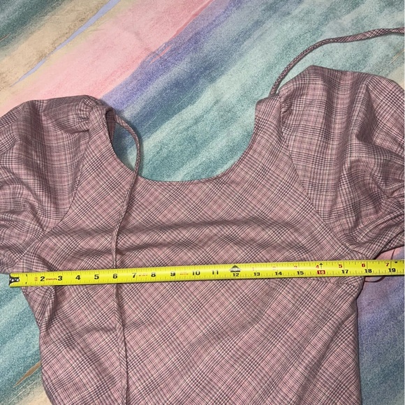 Free People Sevi Plaid Mini Dress Puff Sleeve Grey and Pink Combo Size L NWOT - Picture 10 of 10